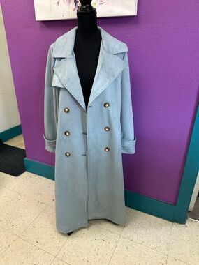 NVLT Dusty Blue Faux Suede Trench Coat Double Breasted Chic Jacket Size M NWT